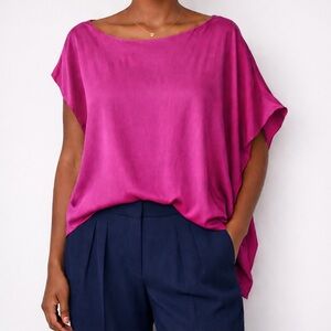 Ramy Brook | 100% Silk Fuchsia Boat Neck Asymmetrical Blouse Luxe Size Small